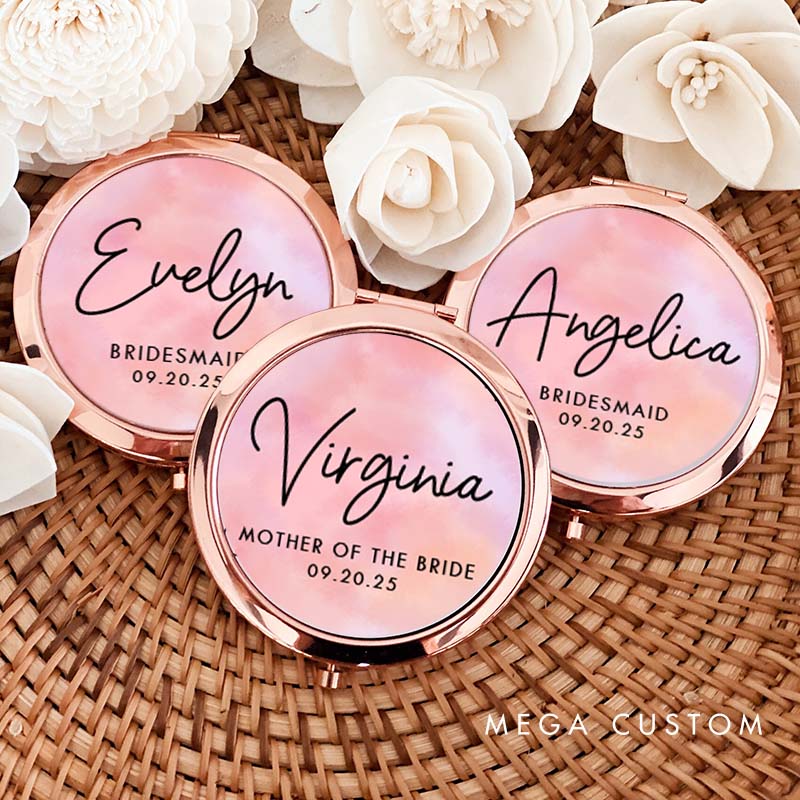 Personalized Bridesmaid Watercolor Pink Mirror Custom Bride Name Compact Mirror Bachelorette Party Mirror Bridesmaid Proposal Bridal Shower Gift