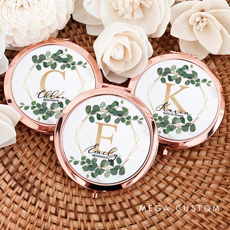 Personalized Bridesmaid Leaf Hexagon Wreath Mirror Custom Bride Name Compact Mirror Bachelorette Party Mirror Bridesmaid Proposal Bridal Shower Gift