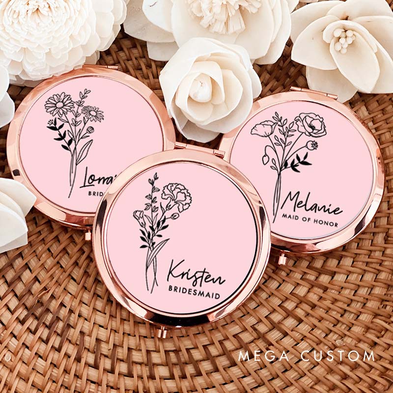 Personalized Bridesmaid Birth Flower Mirror Custom Bride Moth Flower Compact Mirror Bachelorette Party Mirror Bridesmaid Proposal Bridal Shower Gift