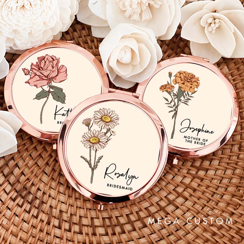Personalized Bridesmaid Elegant Birth Flower Mirror Custom Bride Moth Flower Compact Mirror Maid of Honor Bachelorette Party Mirror Bridal Shower Gift