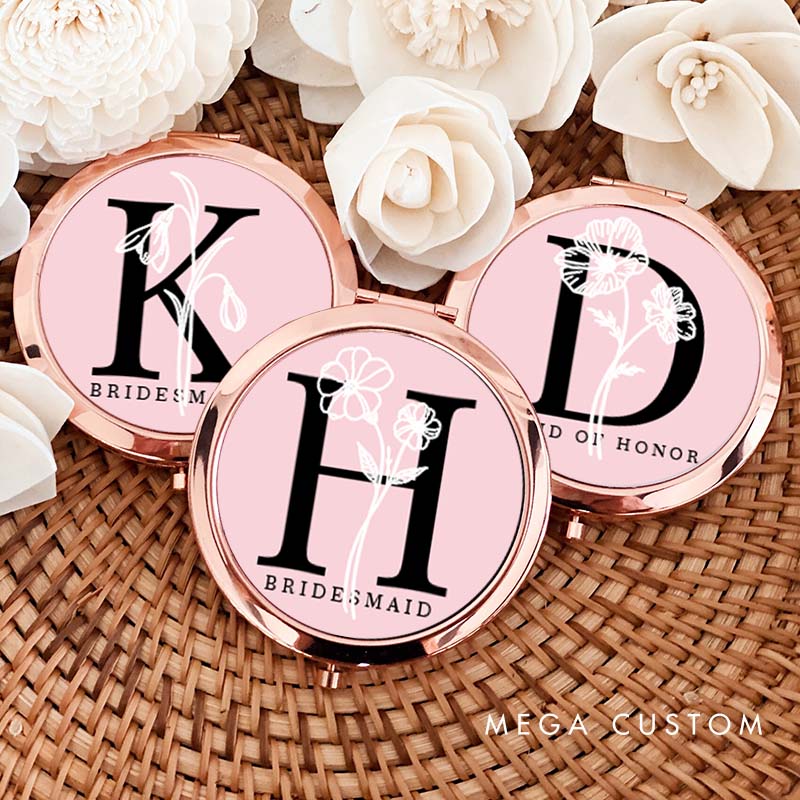 Personalized Bridesmaid Birth Flower Mirror Custom Bride Initials Compact Mirror Bachelorette Party Mirror Bridesmaid Proposal Bridal Shower Gift