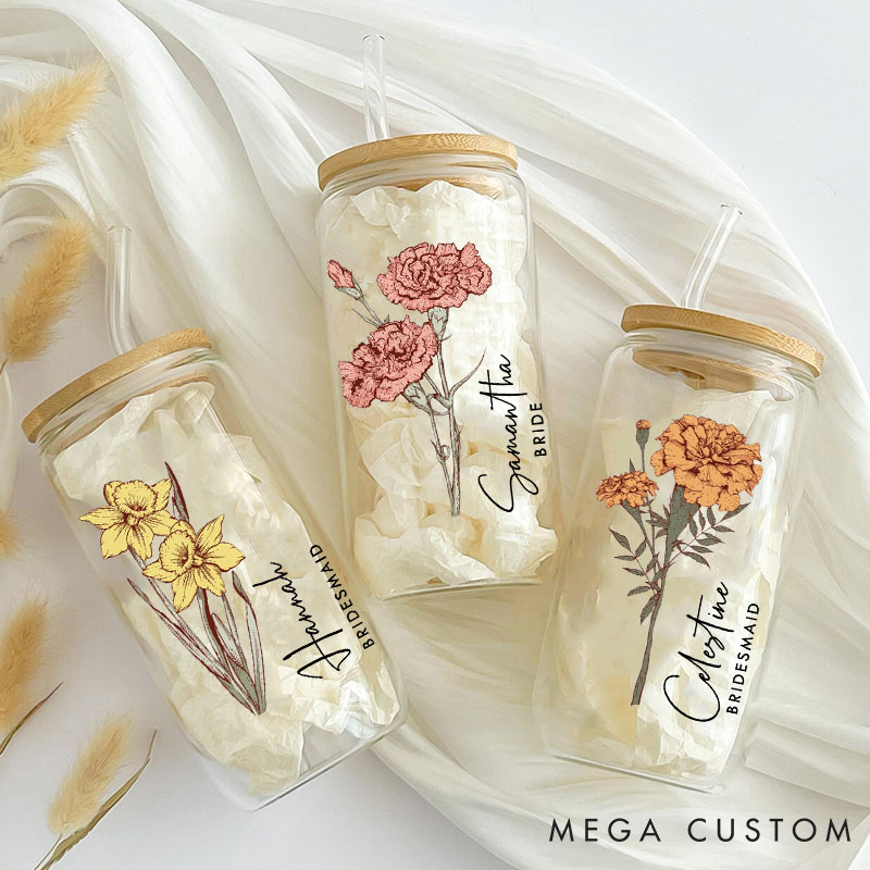 Personalized Bridesmaid Birth Flower Can Glasses with Lid and Straw Custom Bride Name Month Flower Coffee Cup Bridal Shower Bachelorette Party Gift