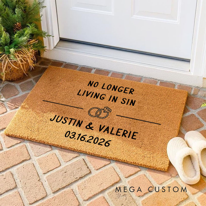 Personalized Couple No Longer Living in Sin Doormat Custom Newlyweds Name Doormat with Established Date New Couple Wedding Engagement Gift for Him Her