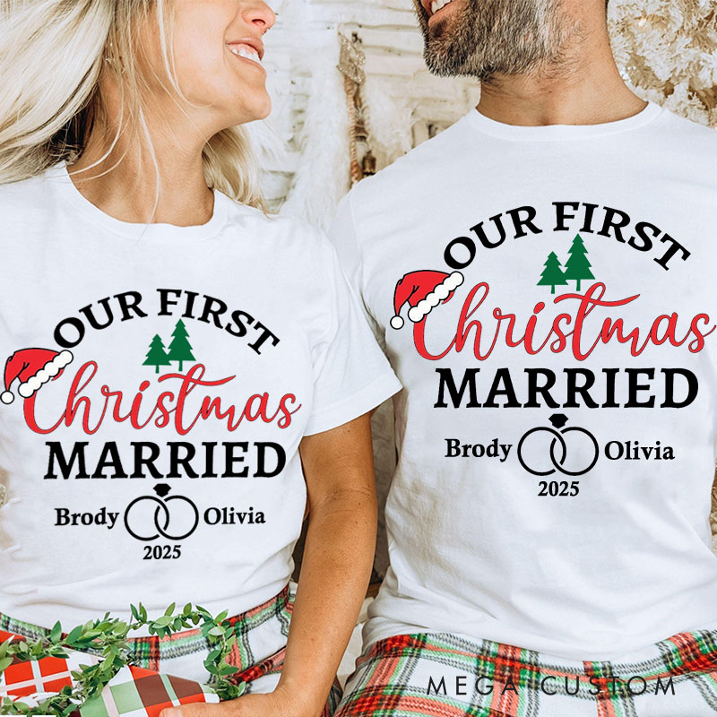 Personalized Couple Our First Christmas Married T-Shirt Custom Newlyweds Wedding Rings Xmas Shirt for Husband Wife Just Married Tee Top Christmas Gift