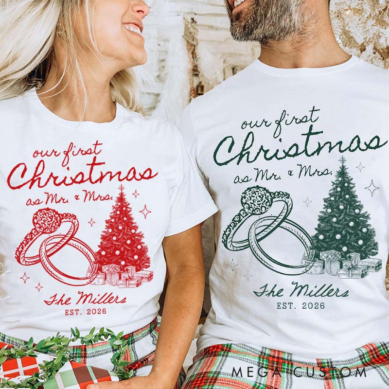 Personalized Couple Our First Christmas as Mr. and Mrs. T-Shirt Custom Newlyweds Wedding Rings Xmas Shirt for Husband Wife Married Tees Christmas Gift