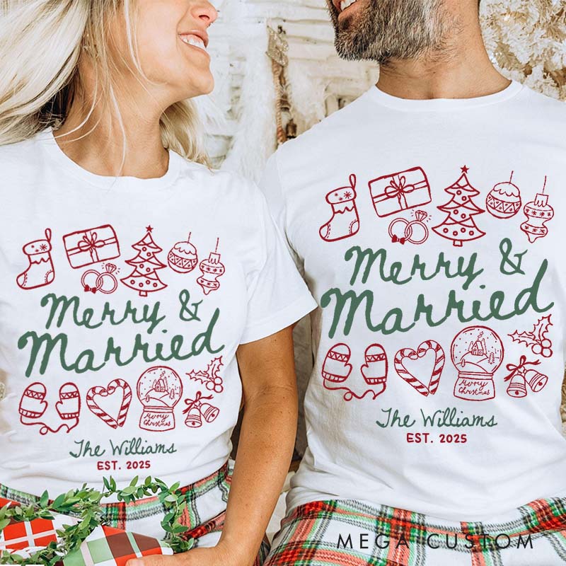 Personalized Couple Festive Merry and Married First Christmas T-Shirt Newlyweds Holly Accents Shirt for Husband Wife Married Tee Tops Christmas Gift