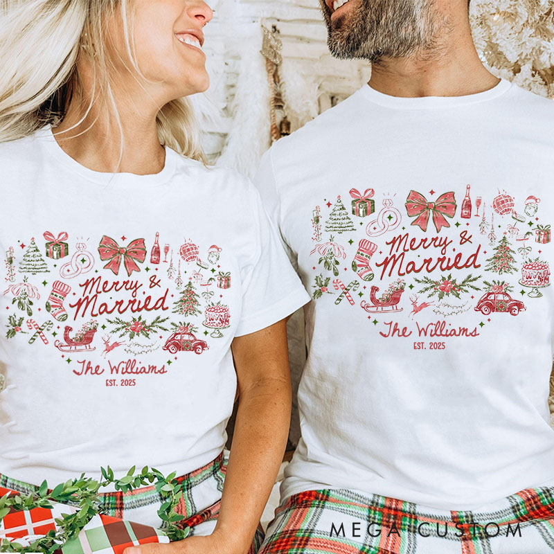 Personalized Couple Merry and Married First Christmas T-Shirt Newlyweds Festive Last Name Shirt for Husband Wife Married Tee Tops Christmas Gift
