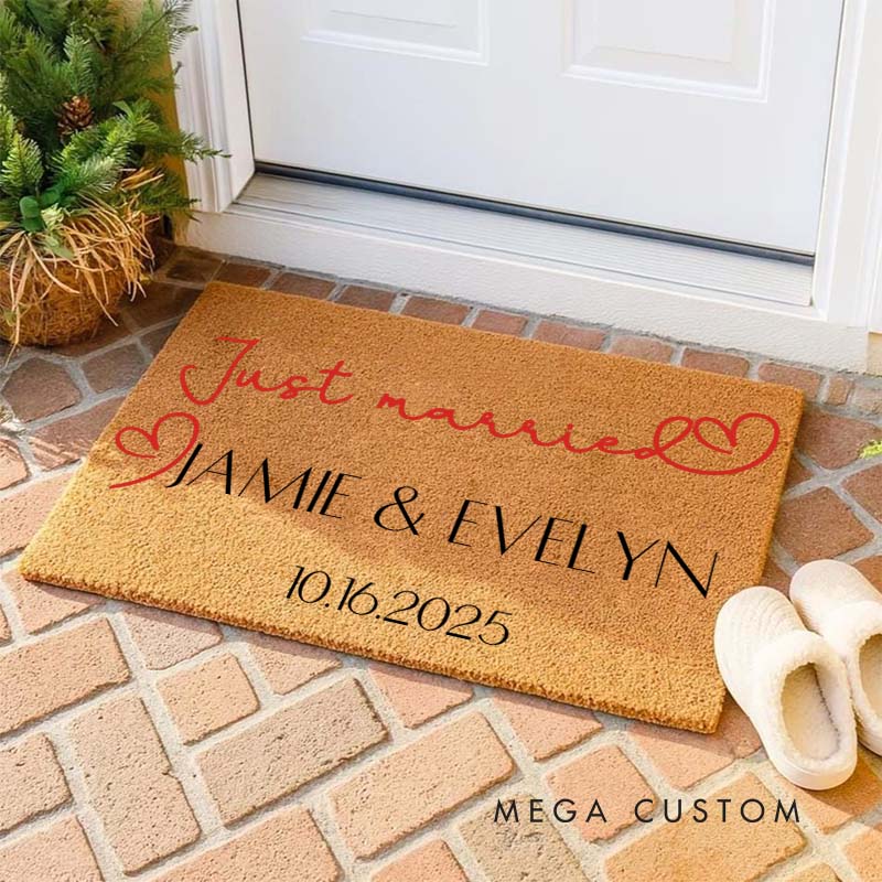 Personalized Couple Just Married with Heart Doormat Custom Newlyweds Name Door Mat Mr and Mrs Doormat Hubby Wifey Husband Wife Gift for Him Her