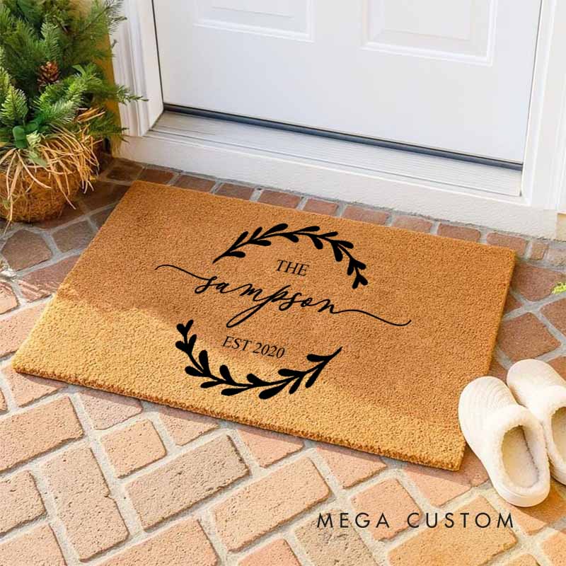 Personalized Couple Anniversary Doormat Leaf Wreath Design Doormat with Last Name and Established Year Wedding Anniversary Doormat