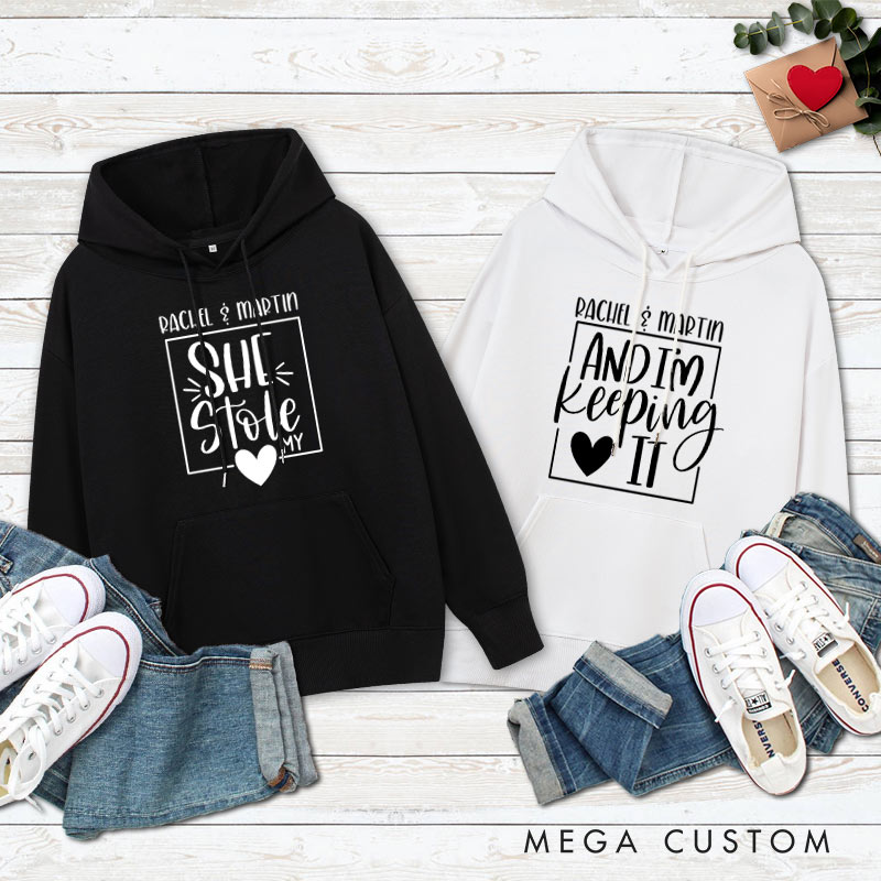 Personalized Couple She Stole My Heart And I'm Keeping It Hoodie Couple Heart Valentine's Day Sweatshirt for Boyfriend Girlfriend Husband Wife