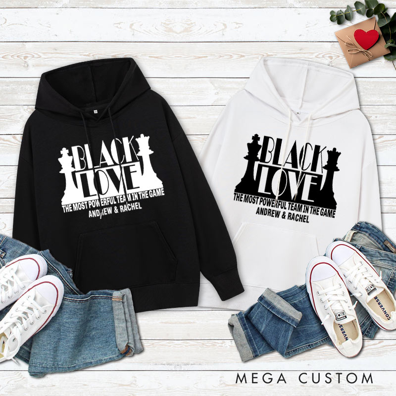 Personalized Couple Black Love The Most Powerful Team in the Game Hoodie Couple Valentine's Day Sweatshirt for Boyfriend Girlfriend Husband Wife