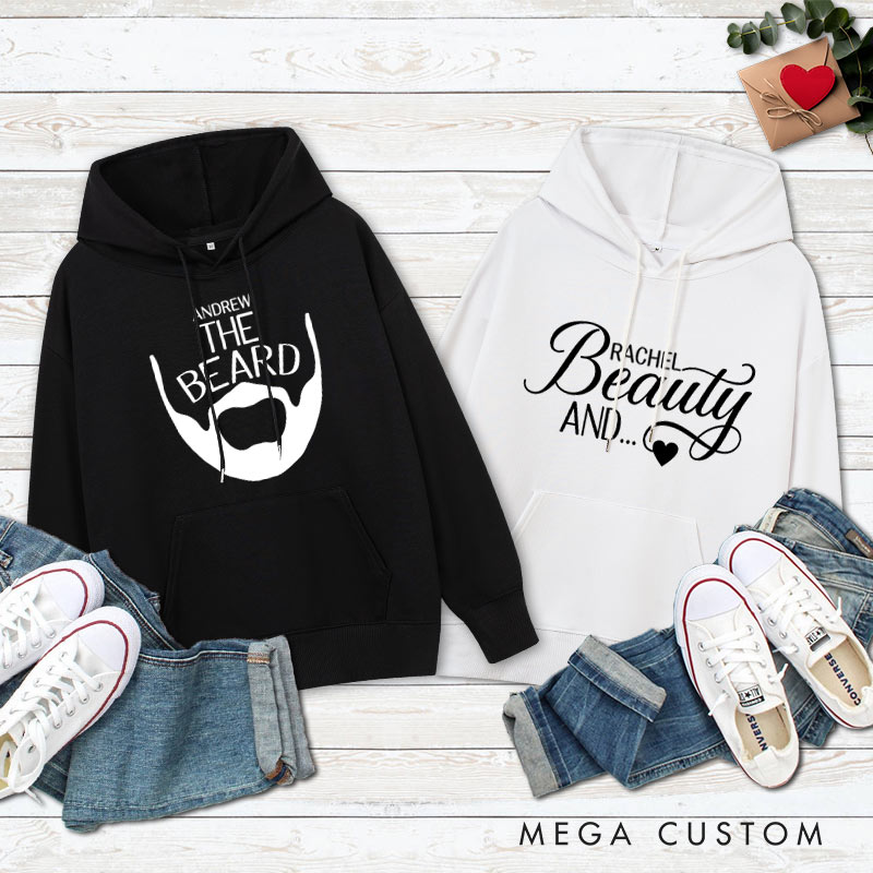 Personalized Couple The Beard and The Beauty Hoodie Couple Valentine's Day Sweatshirt for Boyfriend Girlfriend Husband Wife