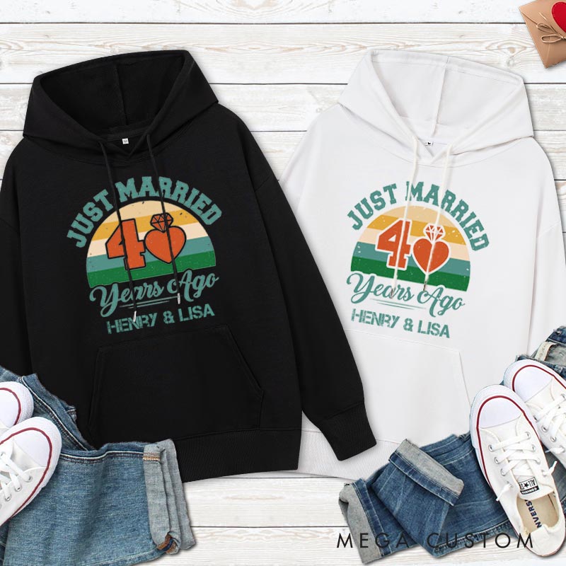 Personalized Just Married 40 Years Ago Retro Hoodie Couple Wedding Anniversary Outfit for Her Him Anniversary Hoodie for Wife Husband