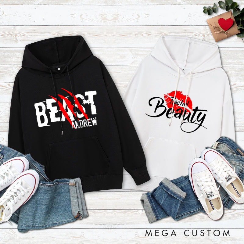 Personalized Couple Beast with Claw and Beauty with Kiss Hoodie Couple Valentine's Day Sweatshirt for Boyfriend Girlfriend Husband Wife