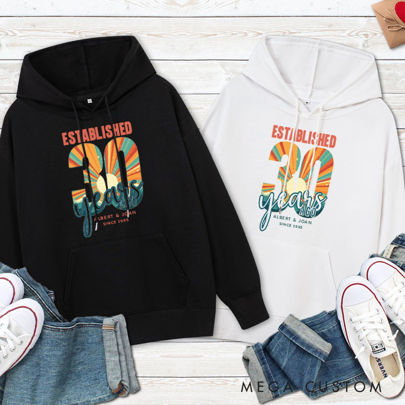 Personalized Established 30 Years Anniversary Hoodie Vintage 30th Anniversary Hoodie for Couple Retro Anniversary Outfit for Wife Husband