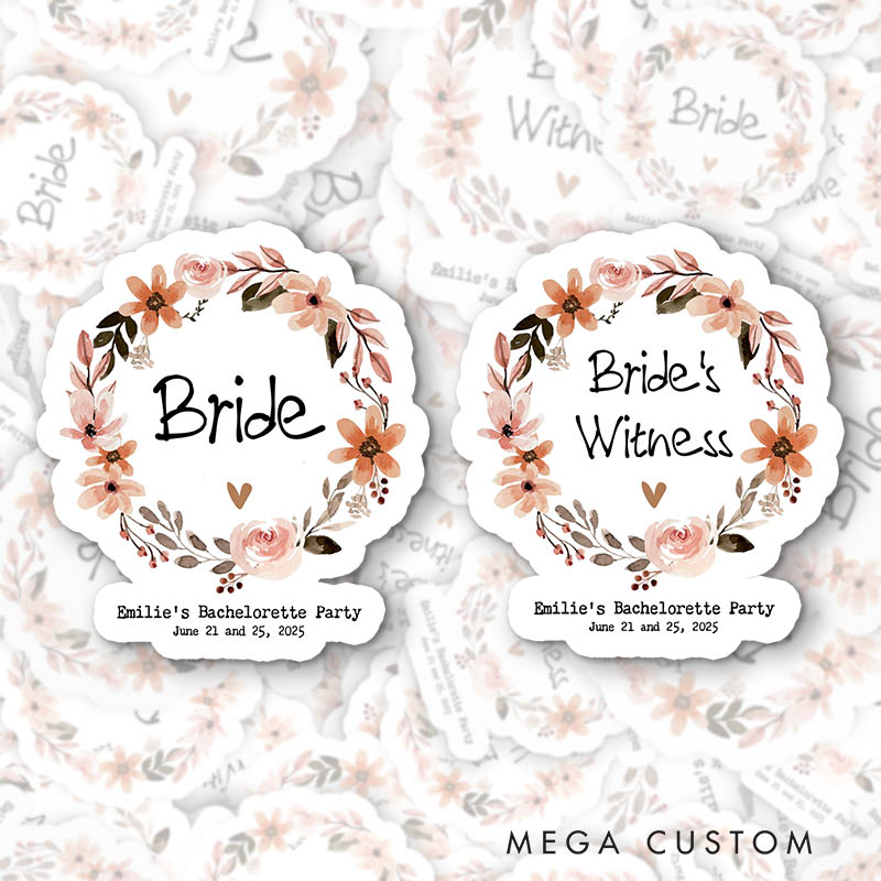 Personalized Bride Floral Wreath Sticker with Name Bride's Witness Sticker Birde's Crew Sticker Bachelorette Party Sticker