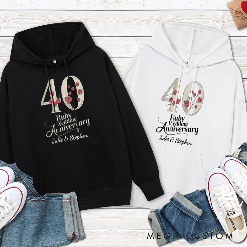 Personalized 40 Ruby Wedding Anniversary Floral Hoodie Husband Wife 40th Anniversary Outfit for Her Him Couple Ruby Wedding Anniversary Hoodie