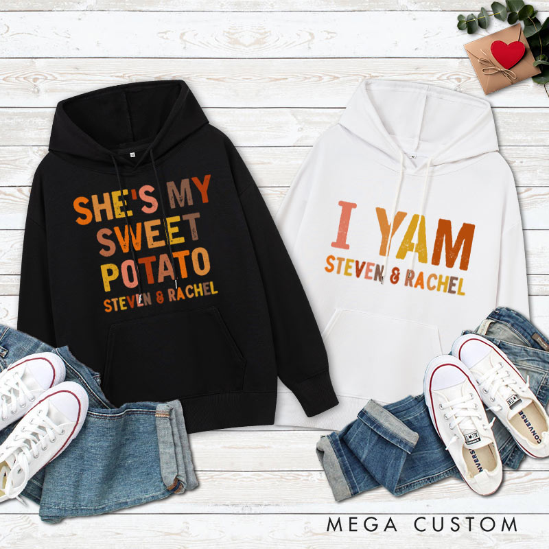Personalized Couple Retro She's My Sweet Potato and I Yam Hoodie Couple Thanksgiving Sweatshirt for Boyfriend Girlfriend Husband Wife