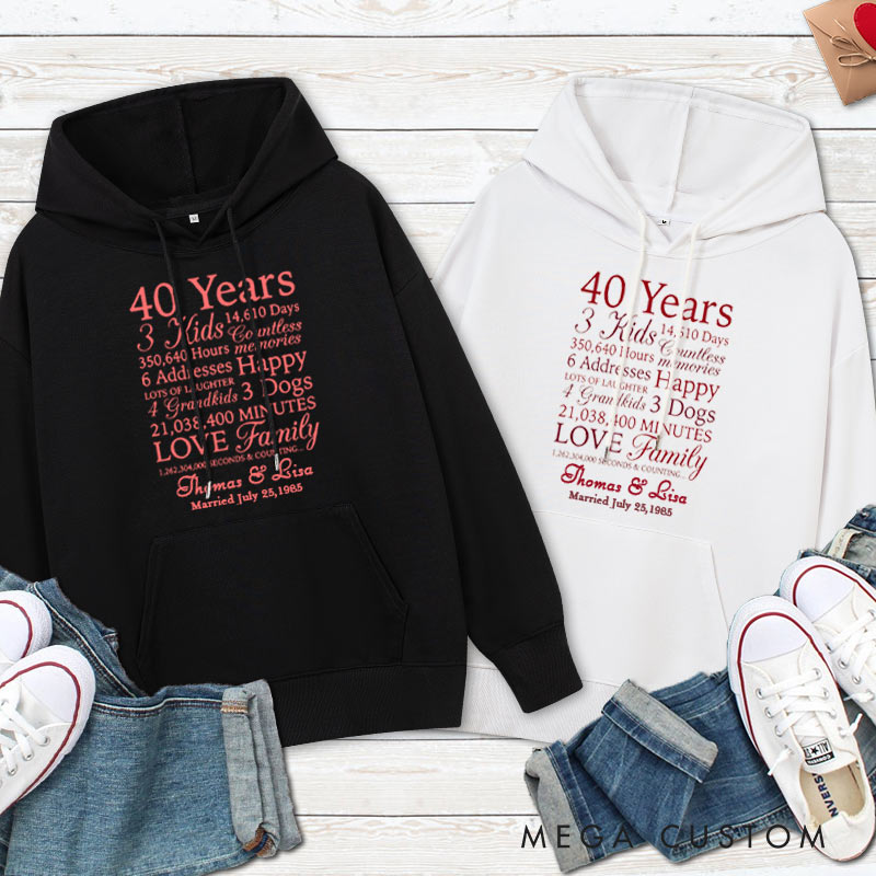 Personalized 40 Years of Love & Family Milestone Hoodie Husband Wife 40th Anniversary Outfit with Name Couple Anniversary Hoodie for Her Him