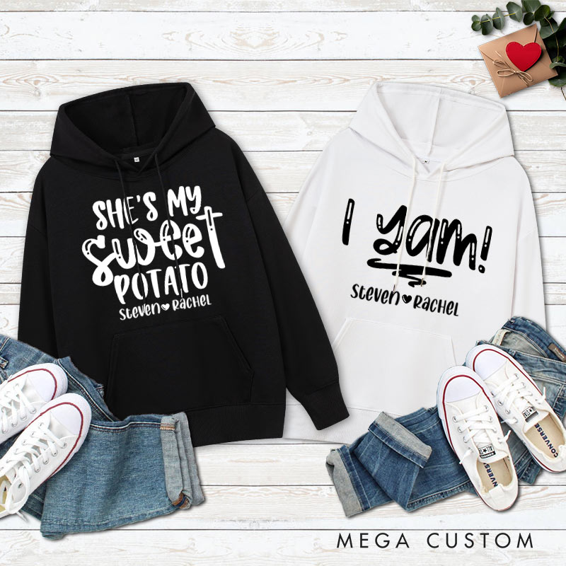 Personalized Couple Playful She's My Sweet Potato and Yam Hoodie Couple Thanksgiving Sweatshirt for Husband Wife Boyfriend Girlfriend