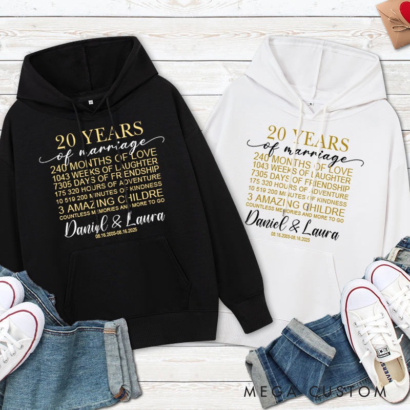 Personalized 20 Years of Marriage Milestone Hoodie 20th Anniversary Outfit for Husband Wife Couple Anniversary Marriage Milestone Hoodie