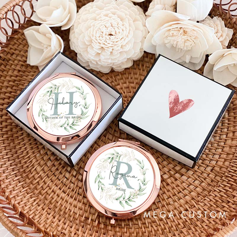 Personalized Bridesmaid Gold Leaf Round Wreath Mirror Custom Bride Name Compact Mirror Bachelorette Party Mirror Bridal Shower Gift for Her
