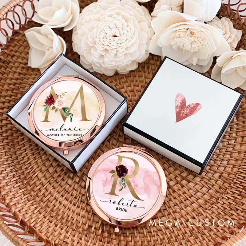 Personalized Bridesmaid Floral Initials Mirror Custom Bride Name Compact Mirror Bachelorette Party Mirror Bridesmaid Proposal Bridal Shower Gift