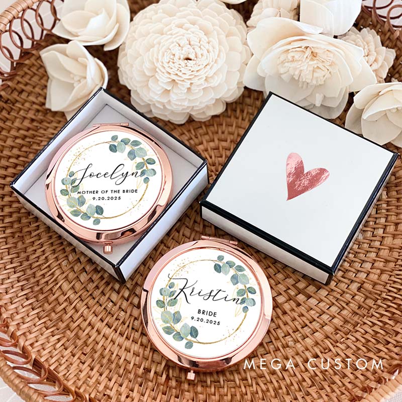 Personalized Bridesmaid Greenery Gold Eucalyptus Wreath Mirror Custom Bride Name Compact Mirror Bachelorette Party Mirror Bridal Shower Gift for Her