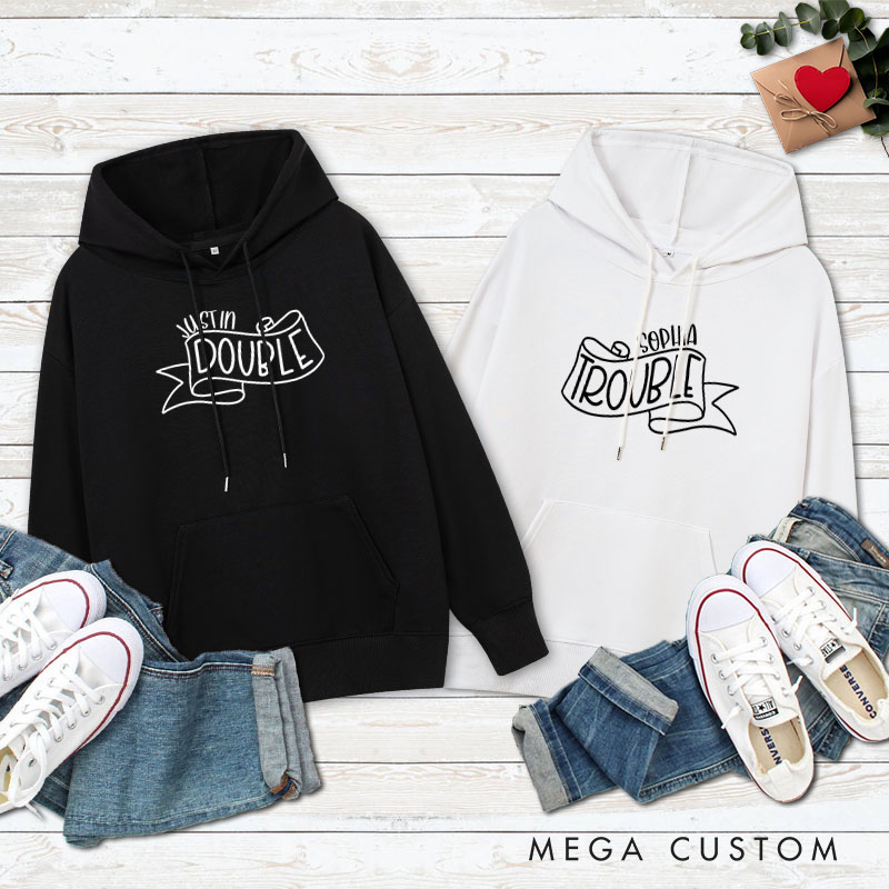 Personalized Couple Double and Trouble Valentine's Day Hoodie with Name Couple Sweatshirt for Boyfriend Girlfriend Husband Wife