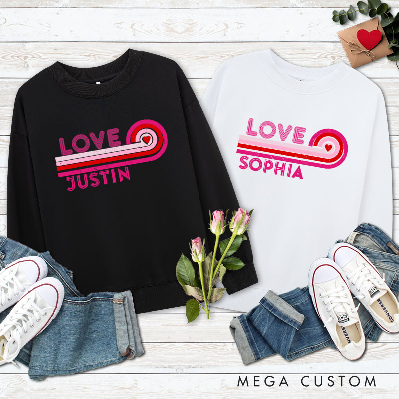 Personalized Couple Retro LOVE Matching Sweatshirt with Name Couple Valentine's Day Sweatshirt for Husband Wife Boyfriend Girlfriend