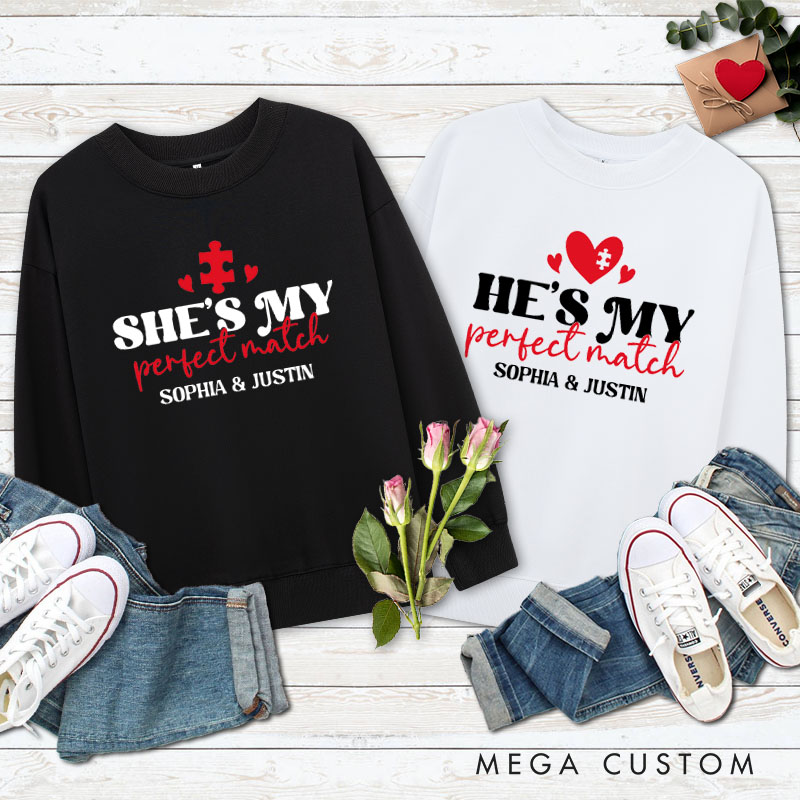 Personalized Couple He’s My Perfect Match Sweatshirt Couple She’s My Perfect Match Valentine's Day Sweatshirt for Husband Wife Boyfriend Girlfriend