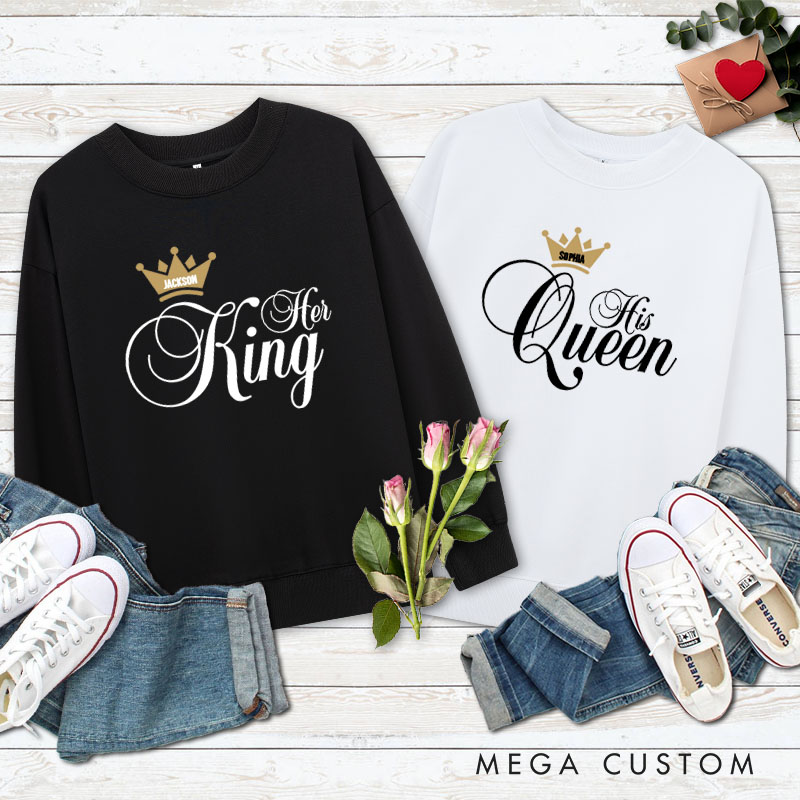 Personalized Couple Her King and His Queen Matching Sweatshirt Couple Valentine's Day Sweatshirt for Husband Wife Boyfriend Girlfriend