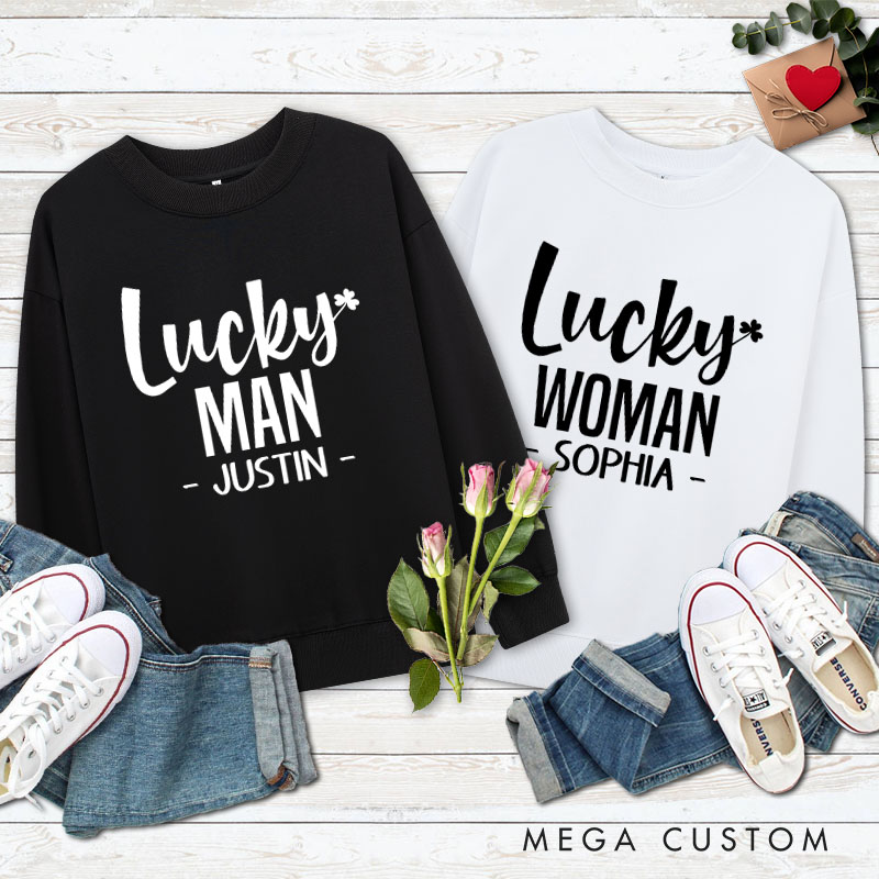 Personalized Couple Lucky Man and Lucky Woman with Clover Sweatshirt Couple Valentine's Day Sweatshirt for Husband Wife Boyfriend Girlfriend
