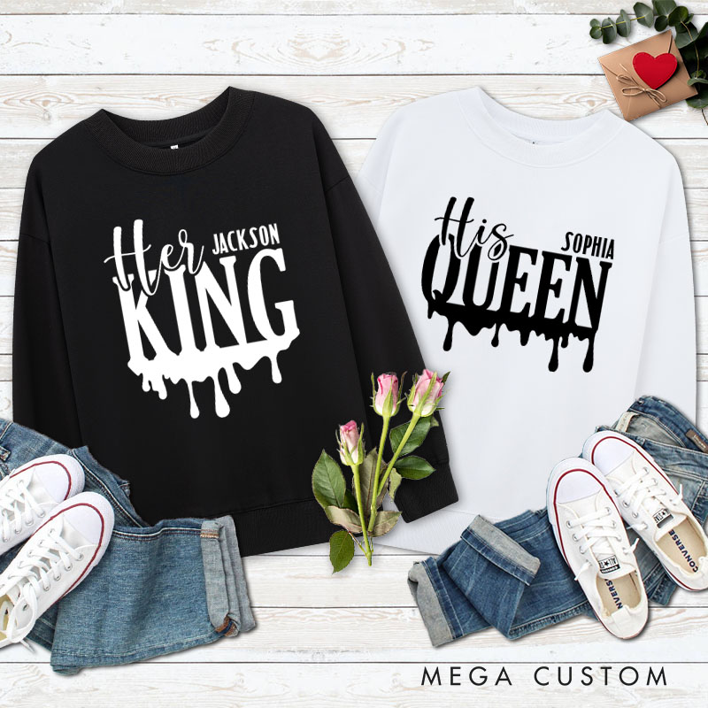 Personalized Couple Charming Her King and His Queen Matching Sweatshirt Couple Valentine's Day Sweatshirt for Husband Wife Boyfriend Girlfriend