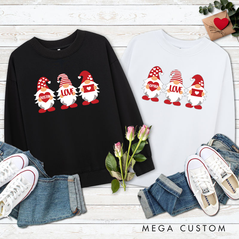 Personalized Couple Cute Red Gnome with Heart Sweatshirt Couple Valentine's Day Sweatshirt for Husband Wife Boyfriend Girlfriend