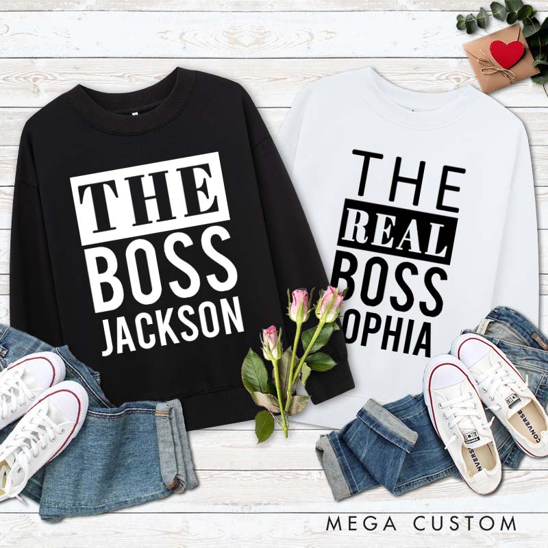 Personalized Couple Minimalist The Boss and The Real Boss Matching Sweatshirt Couple Valentine's Day Sweatshirt for Husband Wife Boyfriend Girlfriend