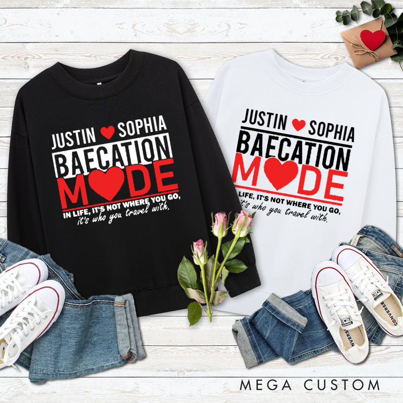 Personalized Couple Baecation Mode Matching Sweatshirt with Name Couple Valentine's Day Sweatshirt for Husband Wife Boyfriend Girlfriend