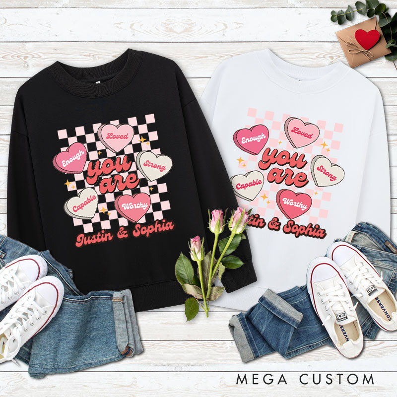 Personalized Couple Pink Checkerboard Heart Matching Sweatshirt with Name Couple Valentine's Day Sweatshirt for Husband Wife Boyfriend Girlfriend