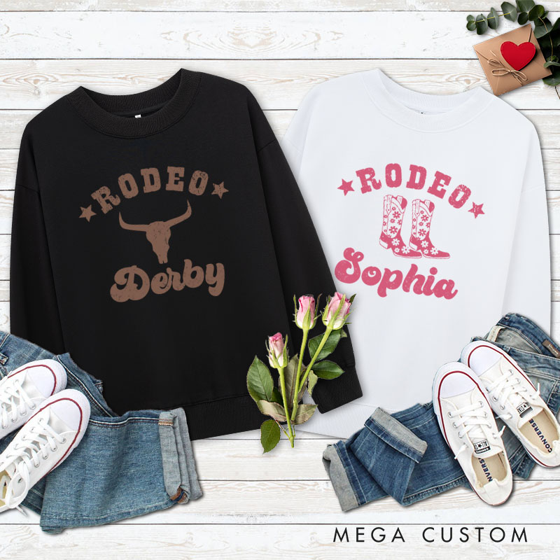 Personalized Couple Rodeo Bull Skull and Cowgirl Boot Matching Sweatshirt Couple Valentine’s Day Sweatshirt for Husband Wife Boyfriend Girlfriend