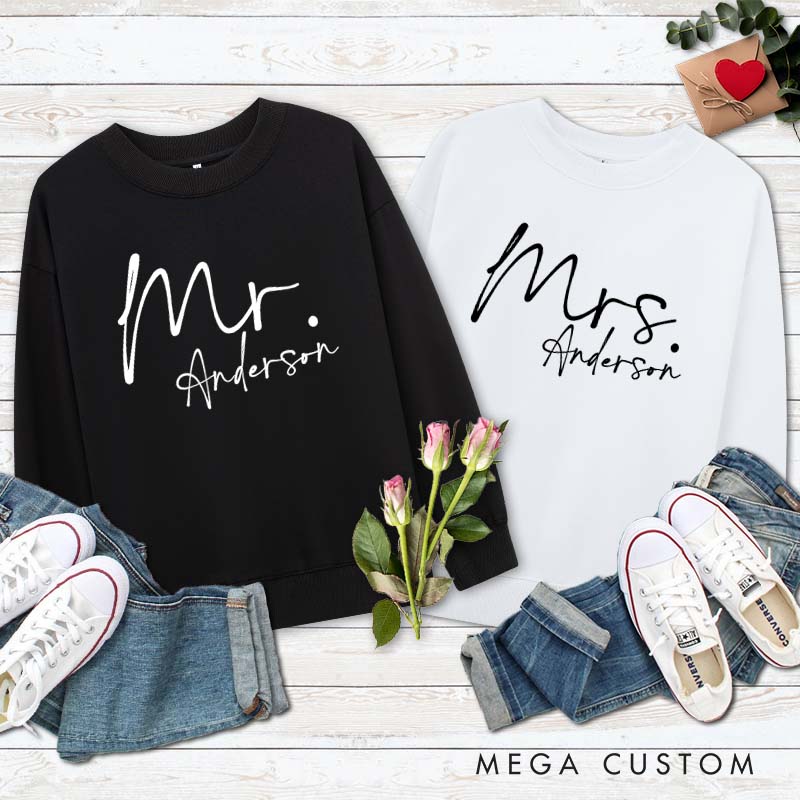 Personalized Couple Minimalist Mr. and Mrs. Matching Sweatshirt with Name Couple Valentine’s Day Sweatshirt for Husband Wife Hubby Wifey