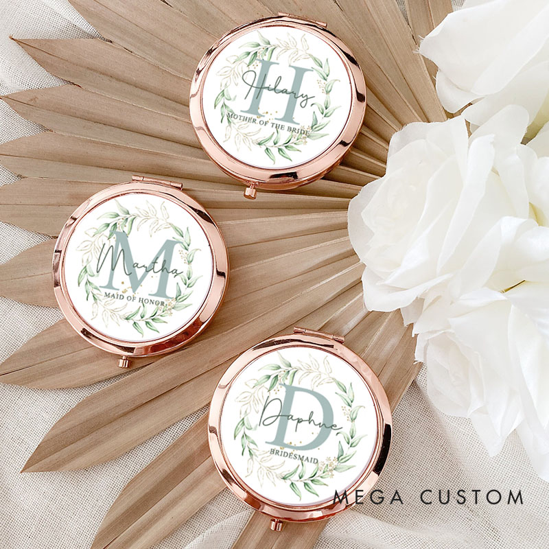 Personalized Bridesmaid Gold Leaf Round Wreath Mirror Custom Bride Name Compact Mirror Bachelorette Party Mirror Bridal Shower Gift for Her