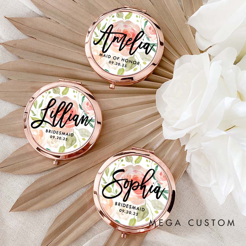 Personalized Bridesmaid Floral Mirror with Name Custom Bride Name Compact Mirror Bachelorette Party Mirror Bridesmaid Proposal Bridal Shower Gift
