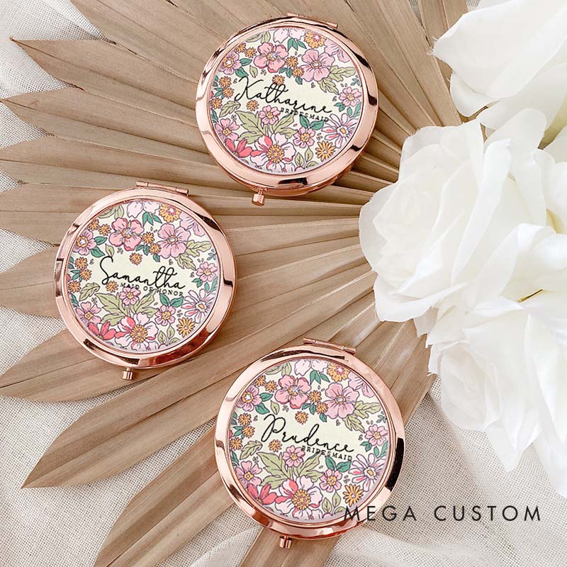 Personalized Stunning Bridesmaid Floral Mirror Custom Bride Name Compact Mirror Bachelorette Party Mirror Bridesmaid Proposal Bridal Shower Gift