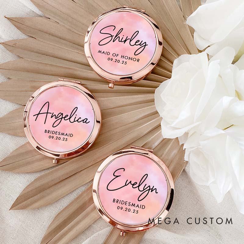 Personalized Bridesmaid Watercolor Pink Mirror Custom Bride Name Compact Mirror Bachelorette Party Mirror Bridesmaid Proposal Bridal Shower Gift