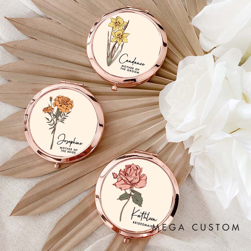 Personalized Bridesmaid Elegant Birth Flower Mirror Custom Bride Moth Flower Compact Mirror Maid of Honor Bachelorette Party Mirror Bridal Shower Gift