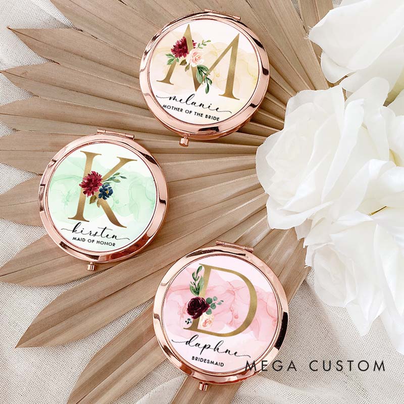 Personalized Bridesmaid Floral Initials Mirror Custom Bride Name Compact Mirror Bachelorette Party Mirror Bridesmaid Proposal Bridal Shower Gift