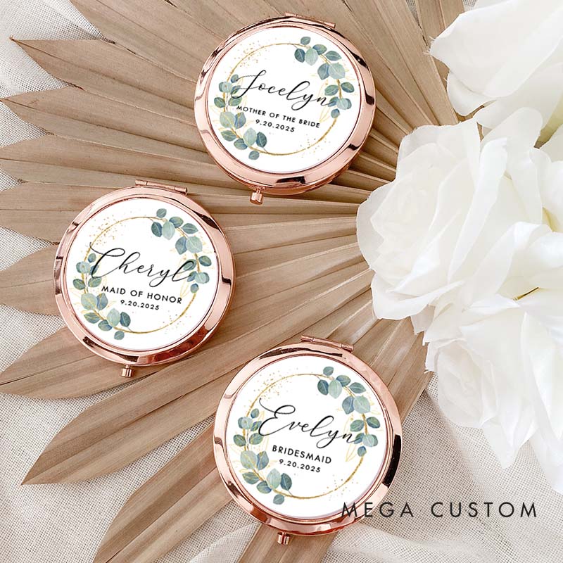 Personalized Bridesmaid Greenery Gold Eucalyptus Wreath Mirror Custom Bride Name Compact Mirror Bachelorette Party Mirror Bridal Shower Gift for Her