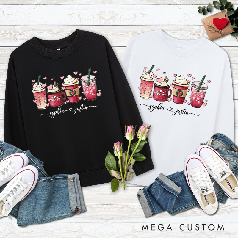 Personalized Couple Pink Coffee with Heart Matching Sweatshirt Couple Valentine’s Day Sweatshirt for Husband Wife Boyfriend Girlfriend