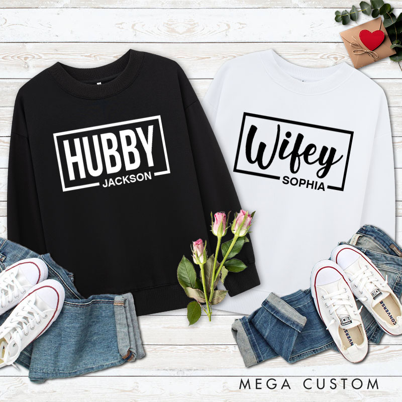 Personalized Couple Modern Hubby and Wifey Matching Sweatshirt with Name Couple Valentine’s Day Sweatshirt for Husband Wife Hubby Wifey