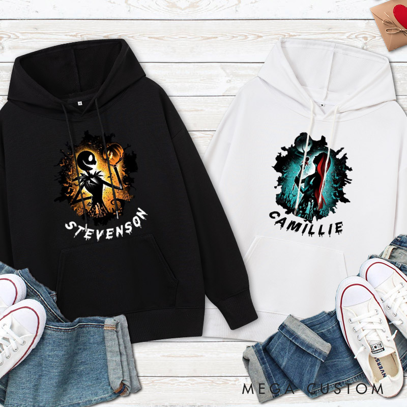 Personalized Halloween Couple Silhouette Design with Spooky Art Style Couple Hoodie